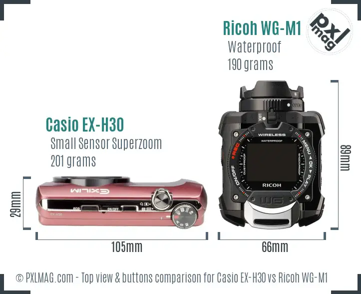 Casio EX-H30 vs Ricoh WG-M1 top view buttons comparison