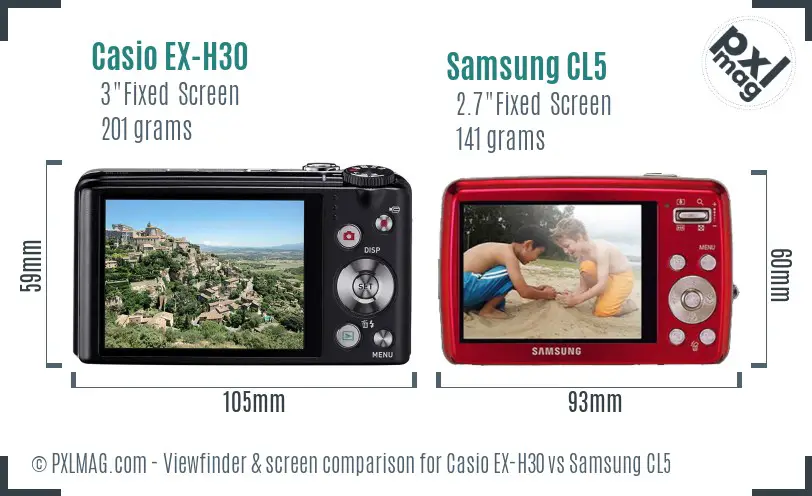 Casio EX-H30 vs Samsung CL5 Screen and Viewfinder comparison