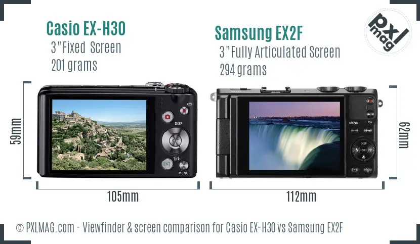 Casio EX-H30 vs Samsung EX2F Screen and Viewfinder comparison