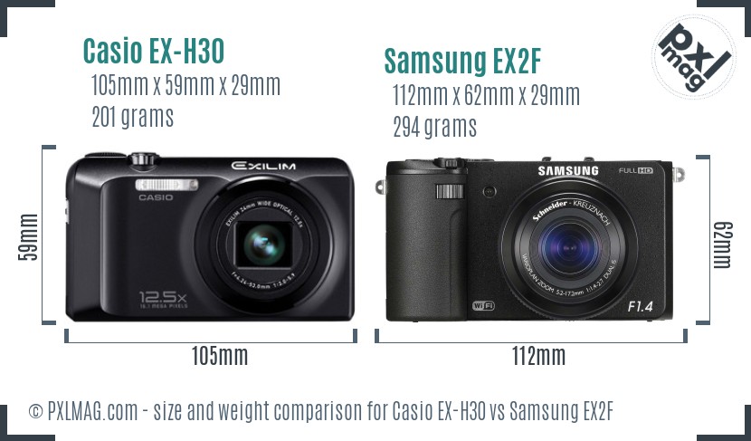 Casio EX-H30 vs Samsung EX2F size comparison