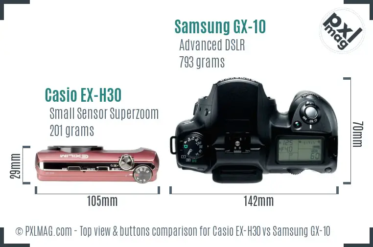 Casio EX-H30 vs Samsung GX-10 top view buttons comparison