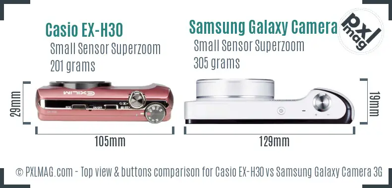 Casio EX-H30 vs Samsung Galaxy Camera 3G top view buttons comparison