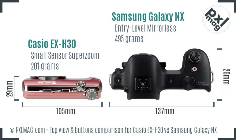 Casio EX-H30 vs Samsung Galaxy NX top view buttons comparison