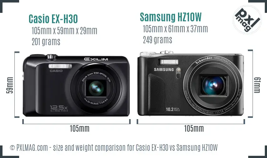 Casio EX-H30 vs Samsung HZ10W size comparison