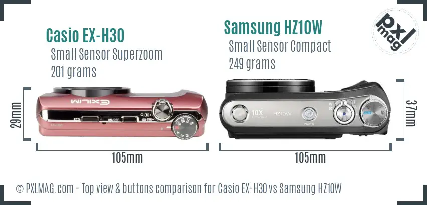 Casio EX-H30 vs Samsung HZ10W top view buttons comparison