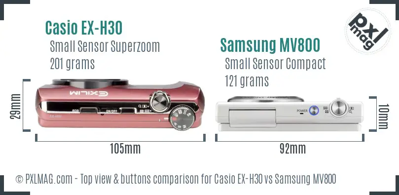 Casio EX-H30 vs Samsung MV800 top view buttons comparison Casio EX-H30 vs Samsung MV800 top view buttons comparison