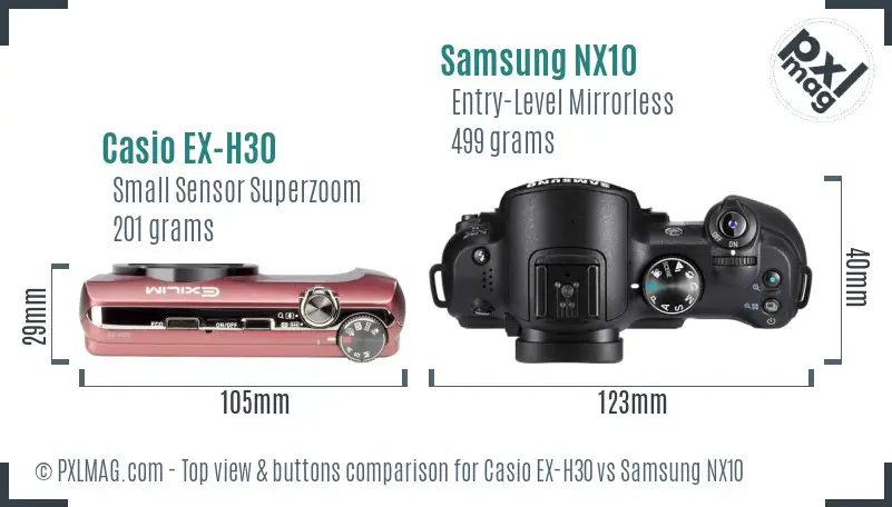 Casio EX-H30 vs Samsung NX10 top view buttons comparison