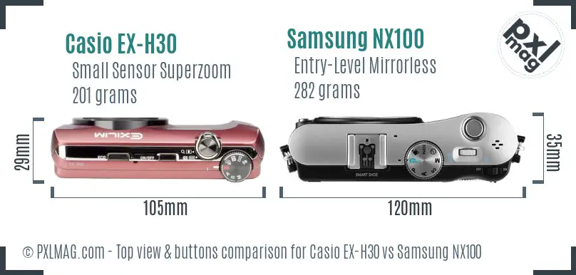 Casio EX-H30 vs Samsung NX100 top view buttons comparison