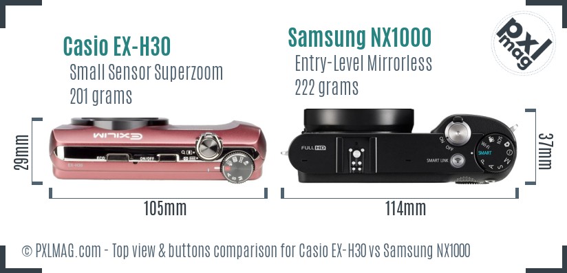 Casio EX-H30 vs Samsung NX1000 top view buttons comparison