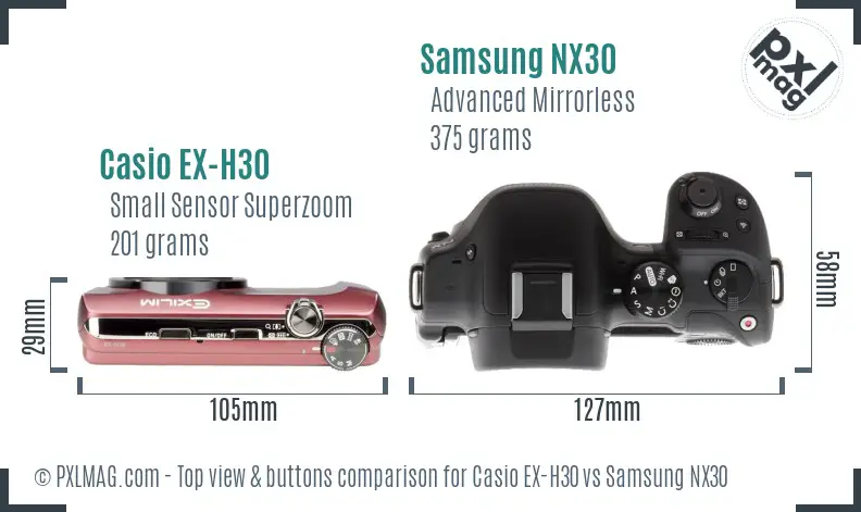 Casio EX-H30 vs Samsung NX30 top view buttons comparison Casio EX-H30 vs Samsung NX30 top view buttons comparison