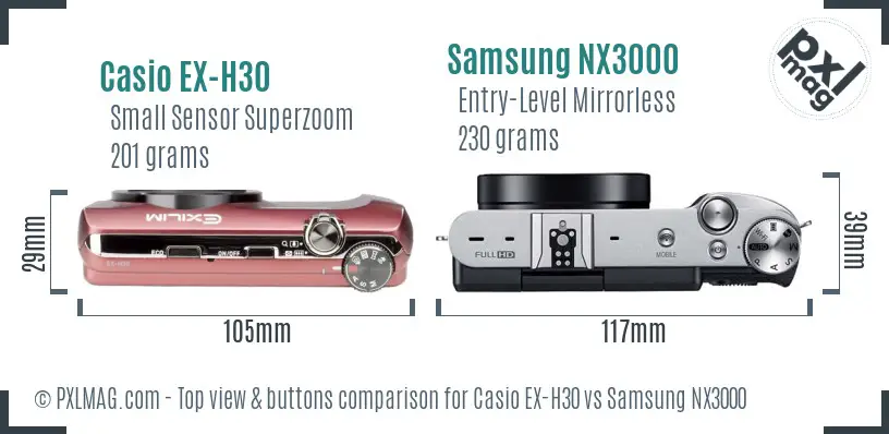 Casio EX-H30 vs Samsung NX3000 top view buttons comparison