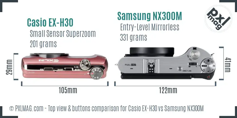 Casio EX-H30 vs Samsung NX300M top view buttons comparison Casio EX-H30 vs Samsung NX300M top view buttons comparison