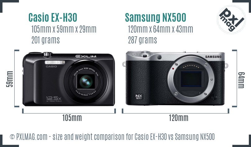 Casio EX-H30 vs Samsung NX500 size comparison Casio EX-H30 vs Samsung NX500 size comparison
