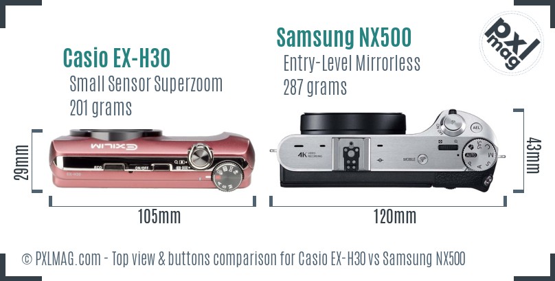 Casio EX-H30 vs Samsung NX500 top view buttons comparison