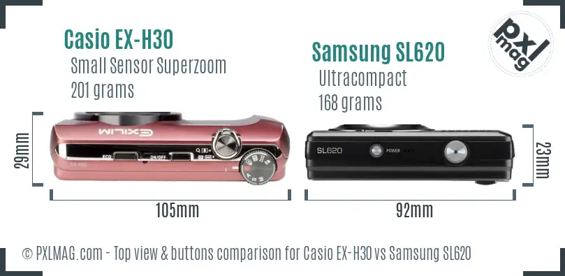 Casio EX-H30 vs Samsung SL620 top view buttons comparison