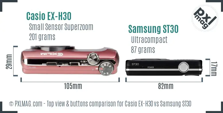 Casio EX-H30 vs Samsung ST30 top view buttons comparison