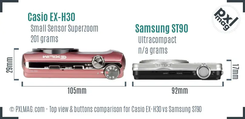 Casio EX-H30 vs Samsung ST90 top view buttons comparison Casio EX-H30 vs Samsung ST90 top view buttons comparison