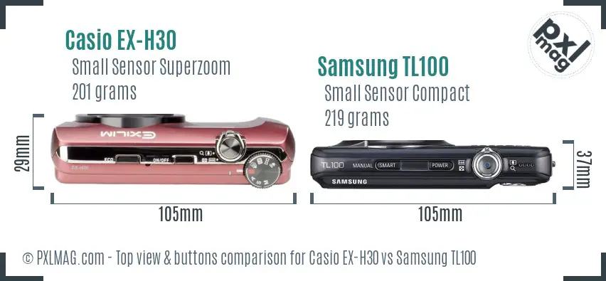 Casio EX-H30 vs Samsung TL100 top view buttons comparison