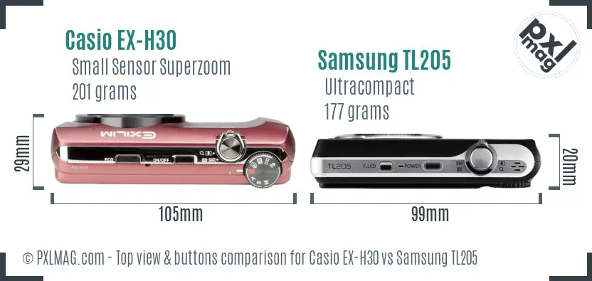 Casio EX-H30 vs Samsung TL205 top view buttons comparison