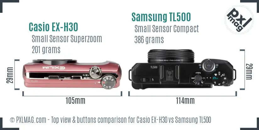 Casio EX-H30 vs Samsung TL500 top view buttons comparison