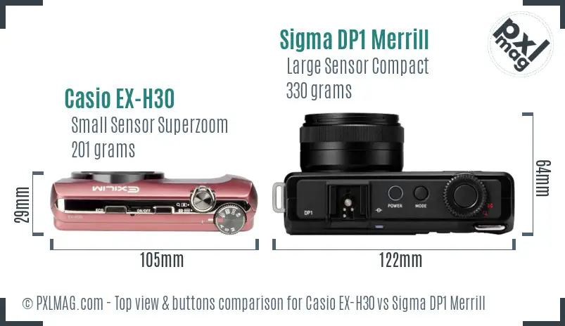Casio EX-H30 vs Sigma DP1 Merrill top view buttons comparison