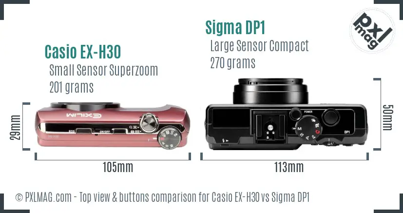Casio EX-H30 vs Sigma DP1 top view buttons comparison