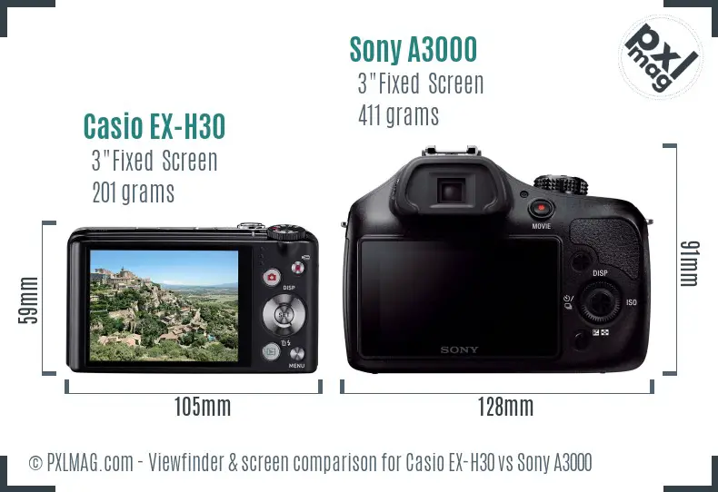 Casio EX-H30 vs Sony A3000 Screen and Viewfinder comparison