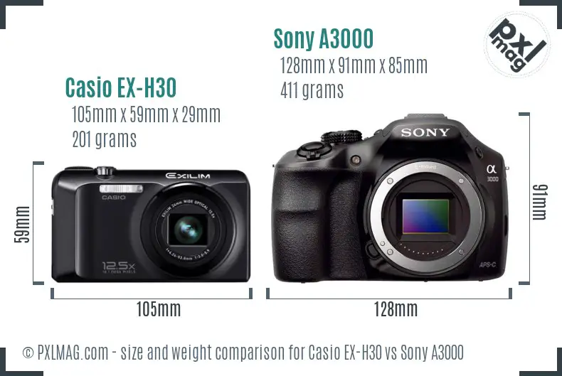 Casio EX-H30 vs Sony A3000 size comparison