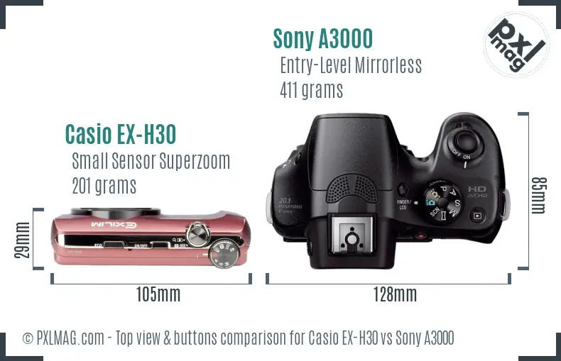 Casio EX-H30 vs Sony A3000 top view buttons comparison