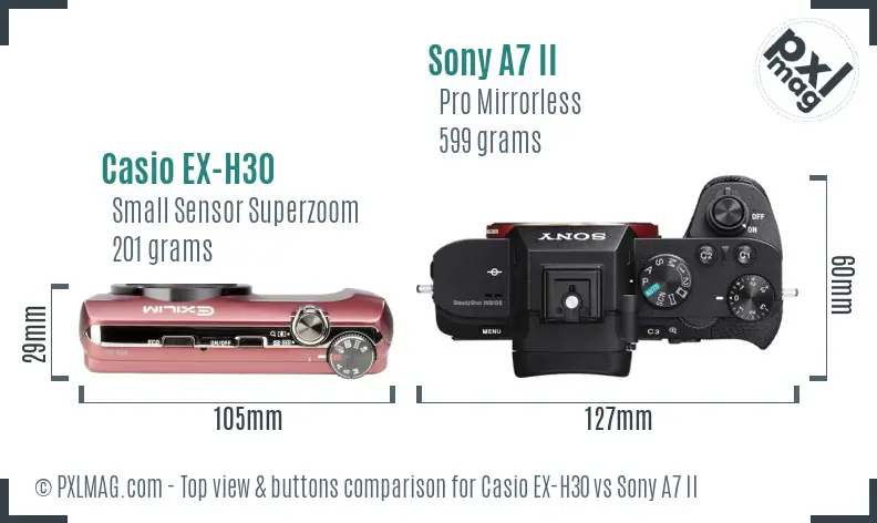 Casio EX-H30 vs Sony A7 II top view buttons comparison