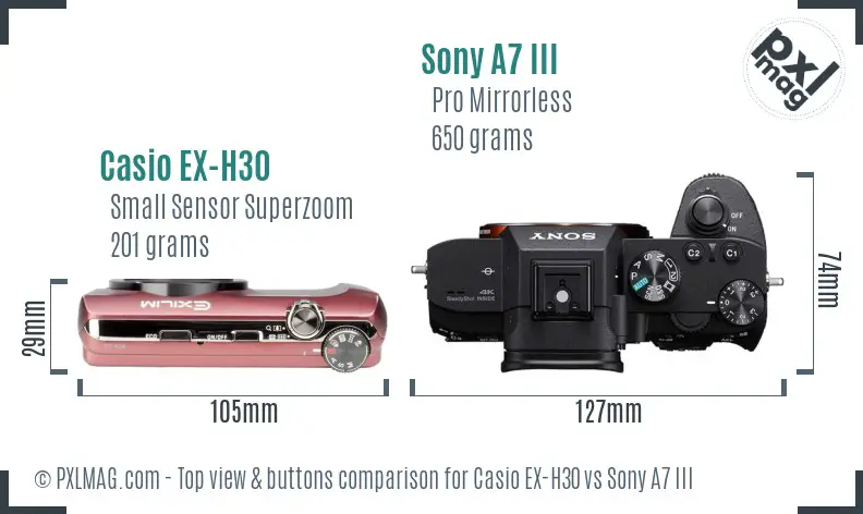 Casio EX-H30 vs Sony A7 III top view buttons comparison