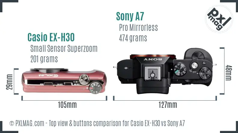 Casio EX-H30 vs Sony A7 top view buttons comparison