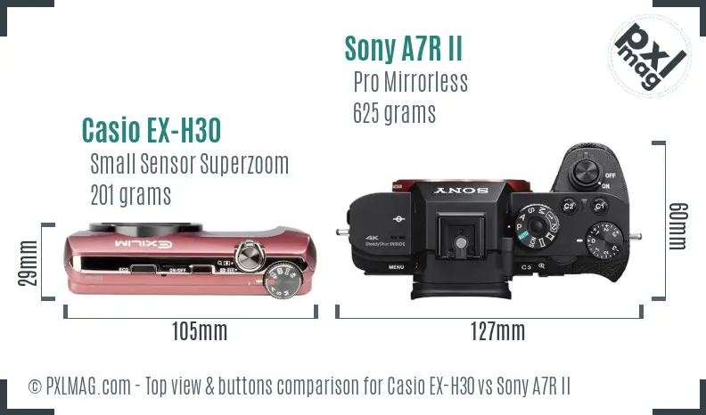 Casio EX-H30 vs Sony A7R II top view buttons comparison