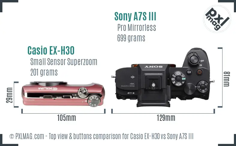 Casio EX-H30 vs Sony A7S III top view buttons comparison