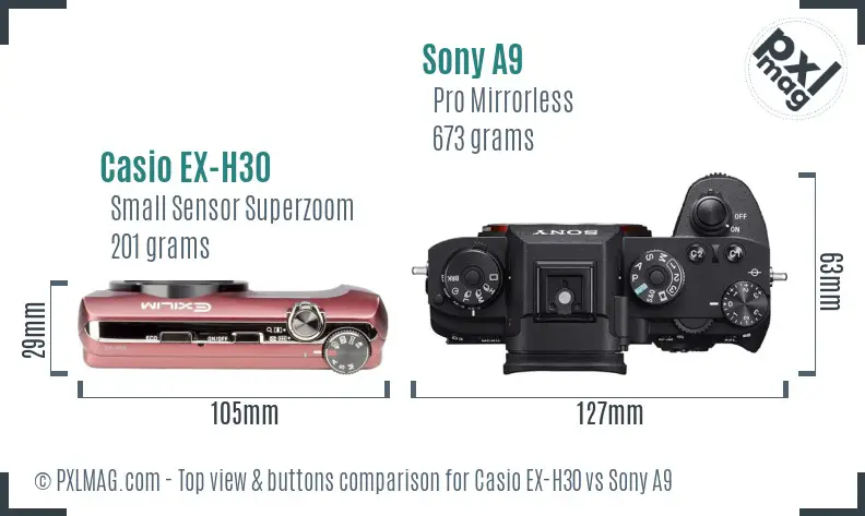 Casio EX-H30 vs Sony A9 top view buttons comparison Casio EX-H30 vs Sony A9 top view buttons comparison