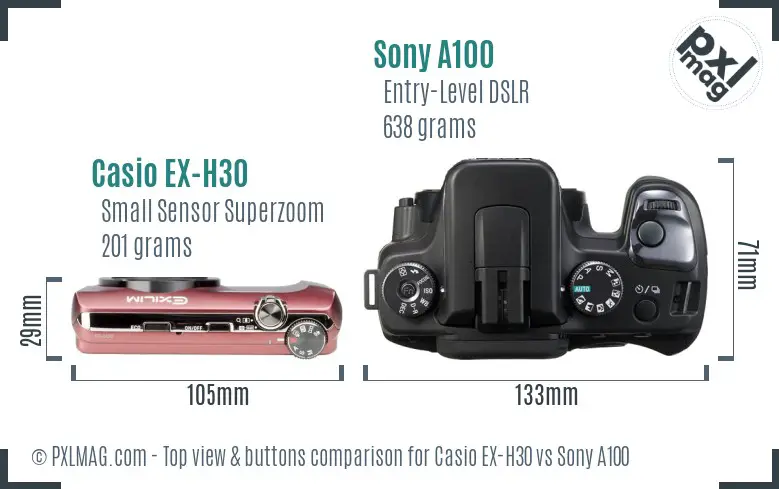 Casio EX-H30 vs Sony A100 top view buttons comparison Casio EX-H30 vs Sony A100 top view buttons comparison