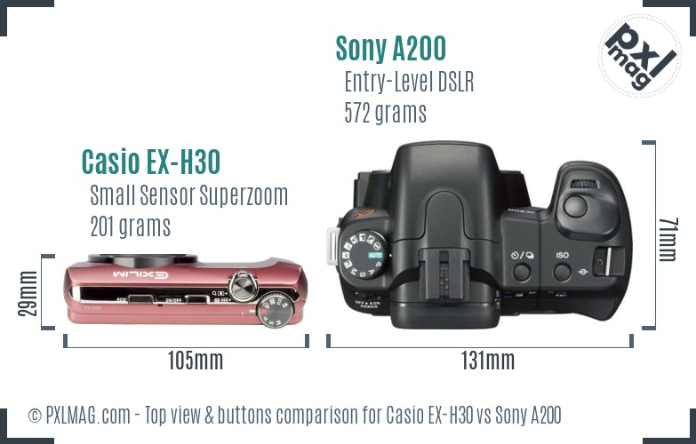 Casio EX-H30 vs Sony A200 top view buttons comparison