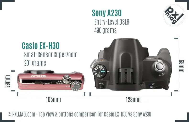 Casio EX-H30 vs Sony A230 top view buttons comparison Casio EX-H30 vs Sony A230 top view buttons comparison