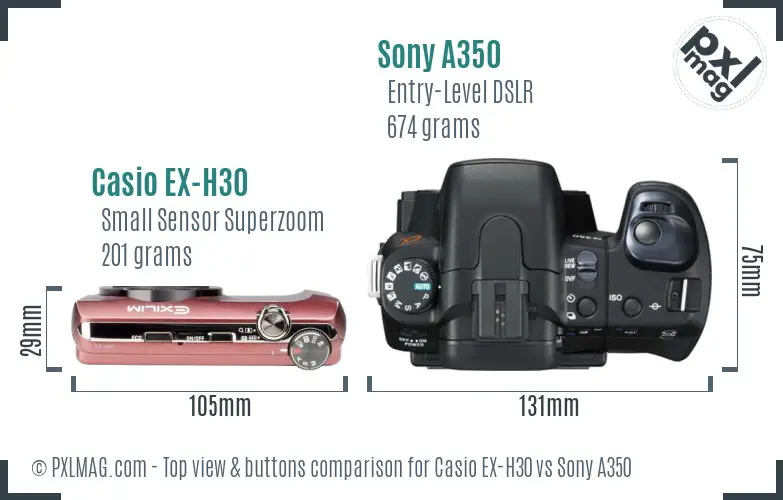 Casio EX-H30 vs Sony A350 top view buttons comparison