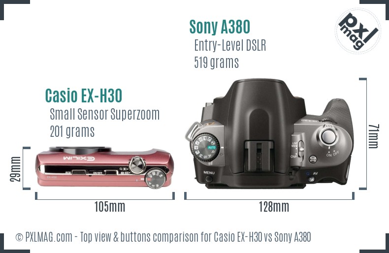 Casio EX-H30 vs Sony A380 top view buttons comparison