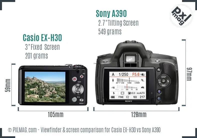 Casio EX-H30 vs Sony A390 Screen and Viewfinder comparison