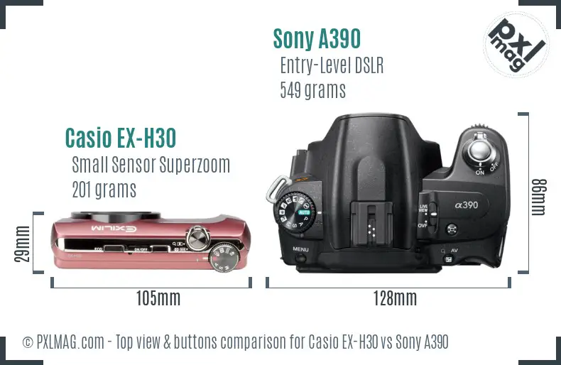 Casio EX-H30 vs Sony A390 top view buttons comparison