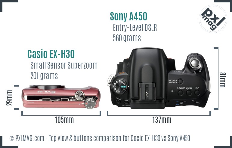 Casio EX-H30 vs Sony A450 top view buttons comparison