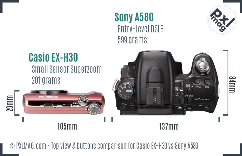 Casio EX-H30 vs Sony A580 top view buttons comparison