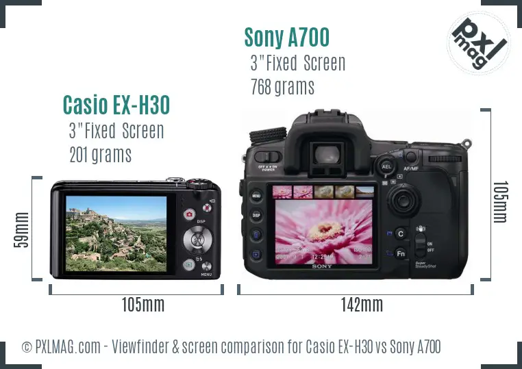 Casio EX-H30 vs Sony A700 Screen and Viewfinder comparison