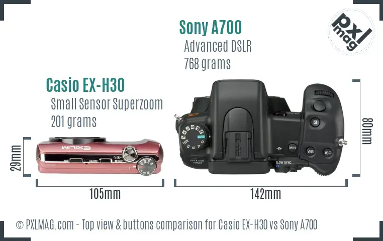 Casio EX-H30 vs Sony A700 top view buttons comparison