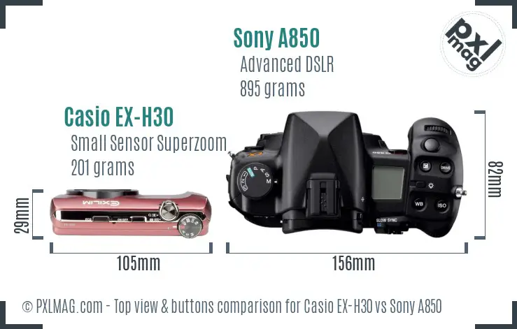 Casio EX-H30 vs Sony A850 top view buttons comparison