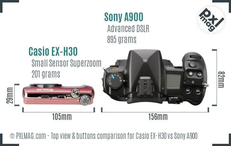 Casio EX-H30 vs Sony A900 top view buttons comparison