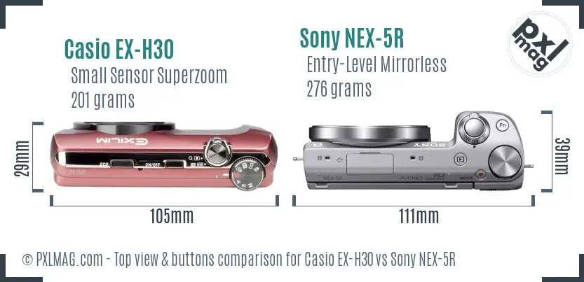 Casio EX-H30 vs Sony NEX-5R top view buttons comparison