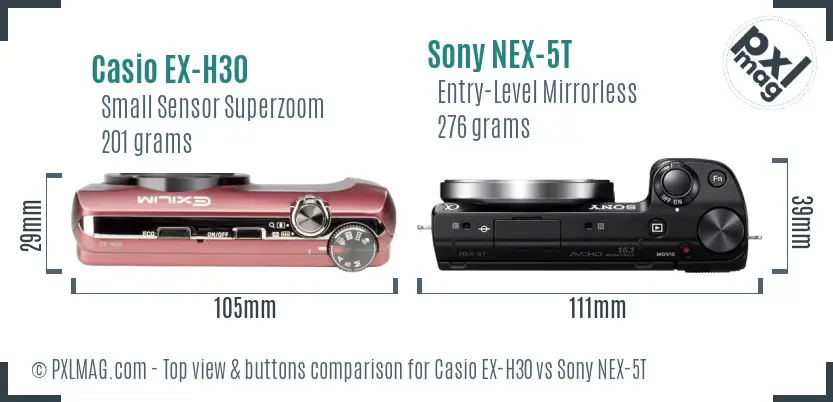 Casio EX-H30 vs Sony NEX-5T top view buttons comparison